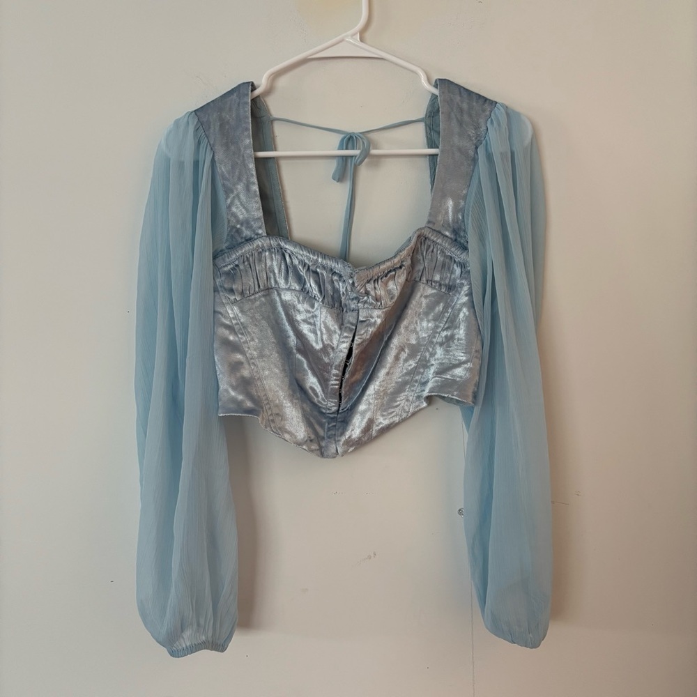 urban outfitters light blue cinderella crushed velvet puff long sleeve corset🩵